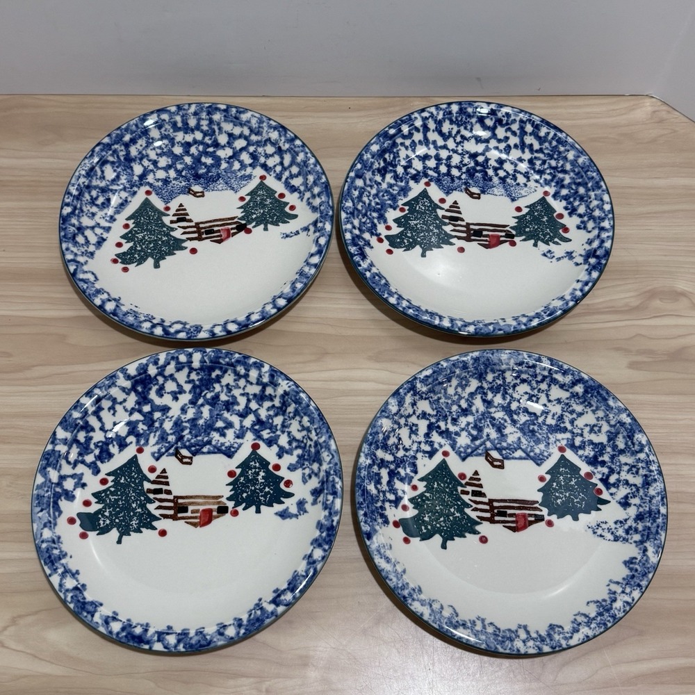 4 VTG Folk Craft by Tienshan 7.5" "Cabin in the Snow" Dessert/Salad Plate Lot 2